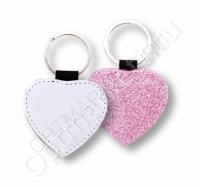 Брелок для сублимации " Сердце" с кольцом, экокожа,белый/глиттер розовый, 50х50 мм.