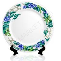 Тарелка белая для сублимации 2D, 20см, каемка с рисунком листья и синие цветы, подставка в комплекте