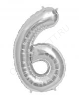Воздушный шар (34''/86 см) Цифра, 6, Серебро, 1 шт.